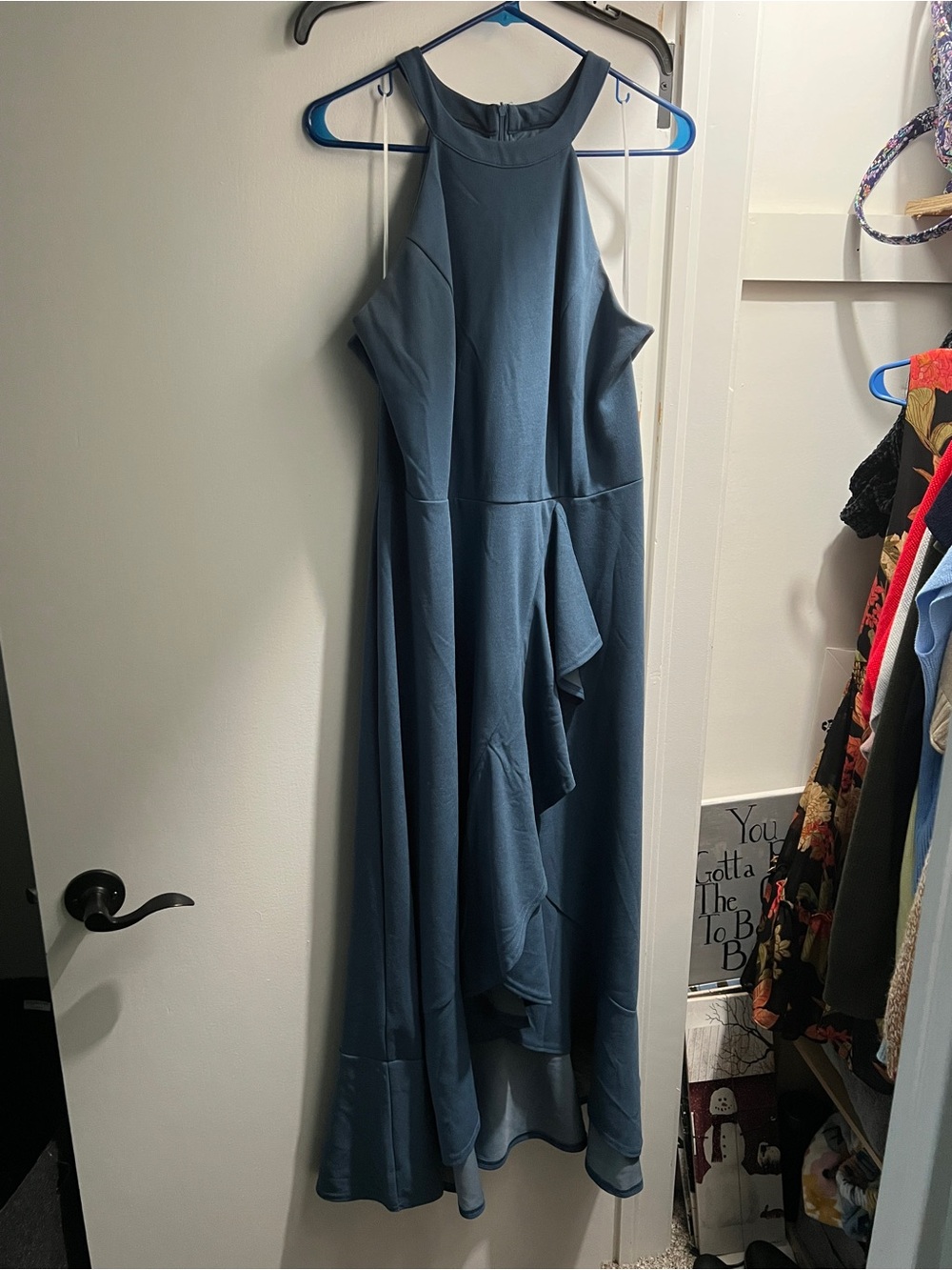 Sleeveless High-Neck Ruffle High-Low Maxi Dress in Dusty Blue